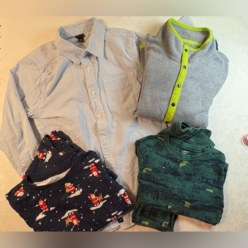 Bundle EUC Tops Button Down & Fleece; 2 GUC Pajamas Cars & Christmas/Santas
